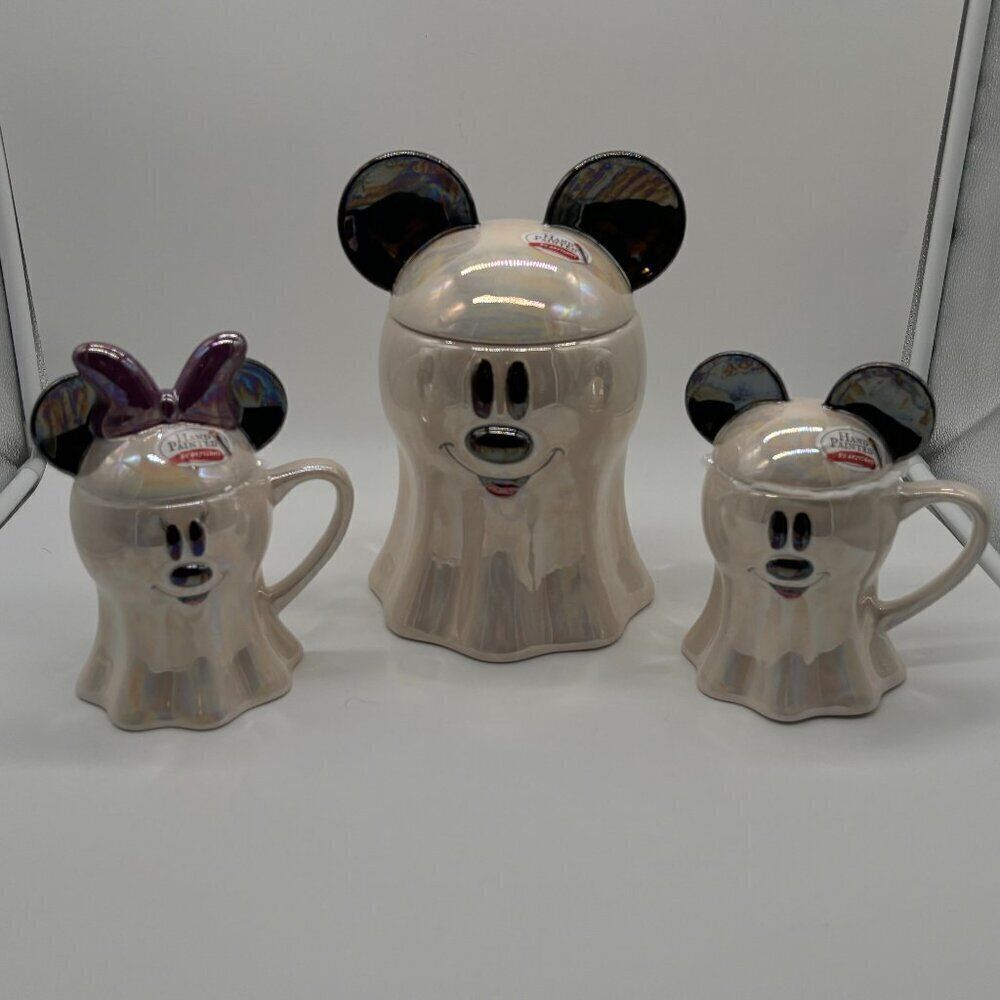 Mickey & Minnie RARE Ghost 👻 Set Cookie Jar & Matching Mugs Hand Painted!